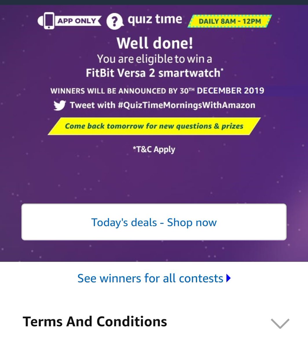 #QuizTimeMorningsWithAmazon
Successfully completed the quiz for #Fitbit_versa_2 smart watch <a href="/amazonIN/">Amazon India</a>