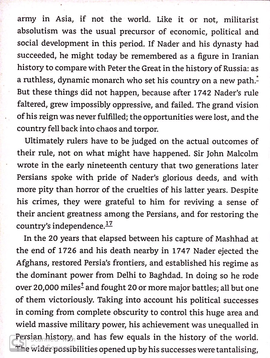 Author argues that had Nader established a stable dynasty, state structures would have developed along modern lines. Iran would have met the west as an equal, not as the impoverished country divided into spheres of influence it became.