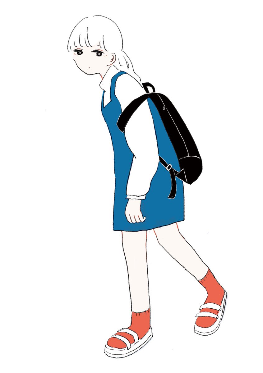 1girl solo backpack bag white hair dress blue dress  illustration images