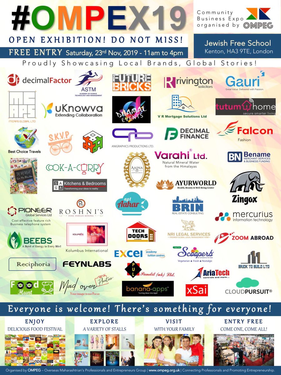 OmpegUK's tweet photo. Mega #Expo of UK’s #Maharashtrian British Indian Brands. Sat 23 Nov #London #FinTech to #Fashion
#Entertainment to #Education 

Disruptors, Start-ups, Scale-ups! #OMPEX19 offers excitement! Come &amp; Enjoy! Entry FREE

@UKIBC 
@HCI_London 
@nitin_gadkari @HardeepSPuri @startupindia https://t.co/Z1JhOOwZ8n