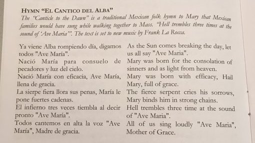This traditional folk hymn to Mary would be sung by Mexican families while walking together to Mass."El infierno tres veces tiembla al decir pronto 'Ave María'""Hell trembles three times at the sound of the 'Ave Maria'"