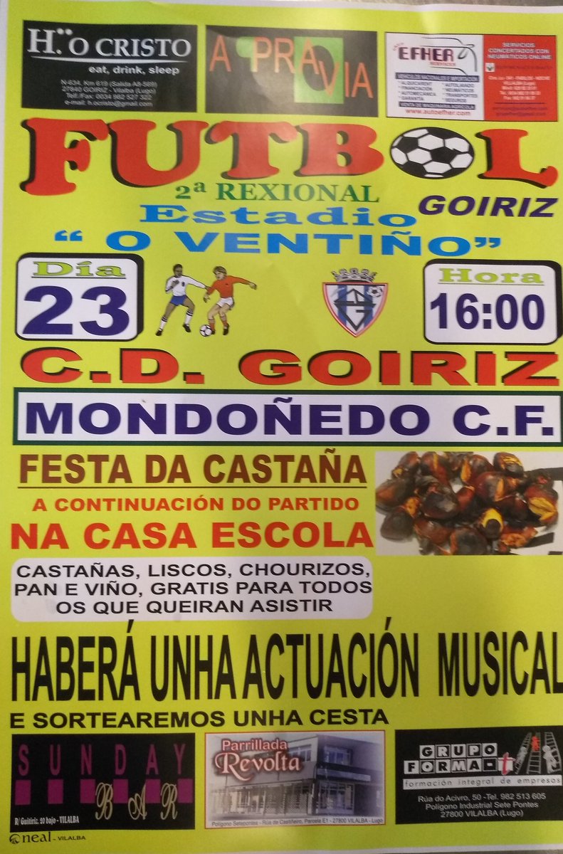 Este sábado temos FESTA!!
Despois do partido que nos enfrenta o Mondoñedo celebraremos a tradicional Castañeda. Estades todos invitados!!!