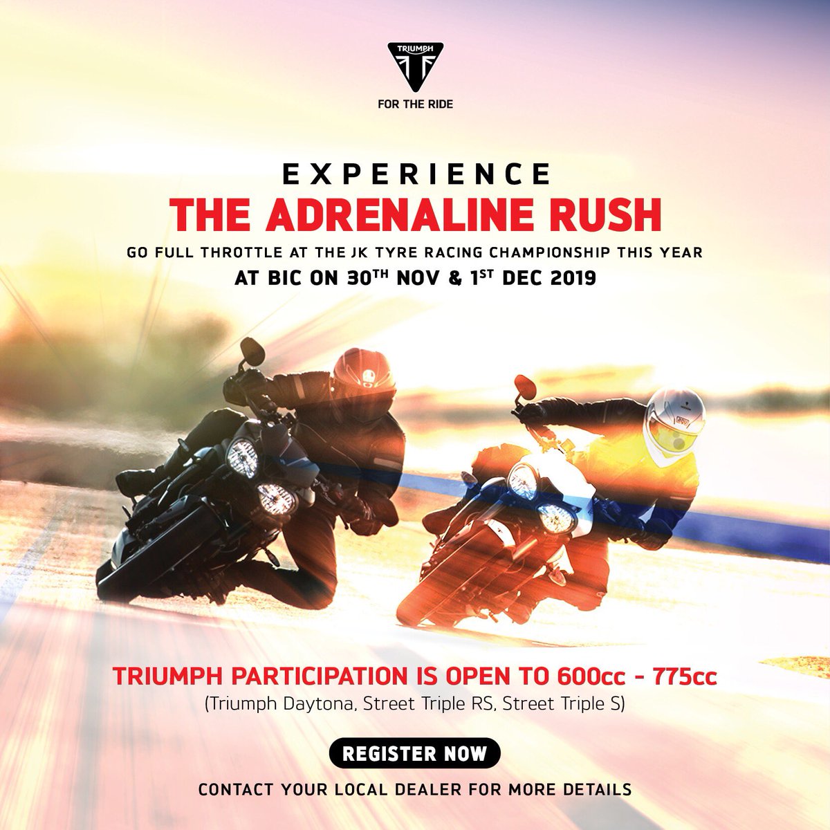 It’s that time of the year when the racetrack buzzes with the sound of the winning Triples. 
Come, be part of the JK Tyres National Racing Championship. Contact your Triumph dealer for details. 
#JKNRC #ForTheRacing #ForTheRide