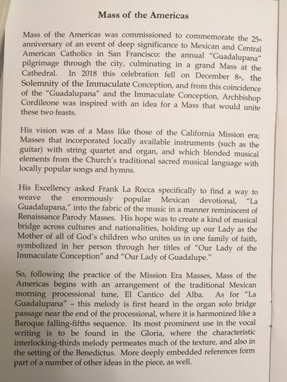 The inside pamphlet cover describes its inspiration: the California Mission era and the enormously popular Mexican devotional "La Guadalupana." More on the creative process of this Mass can be found here:  https://dappledthings.org/15197/mass-of-the-americas-flourishing-religious-culture/May God bless the  @compozor, Frank La Rocca!