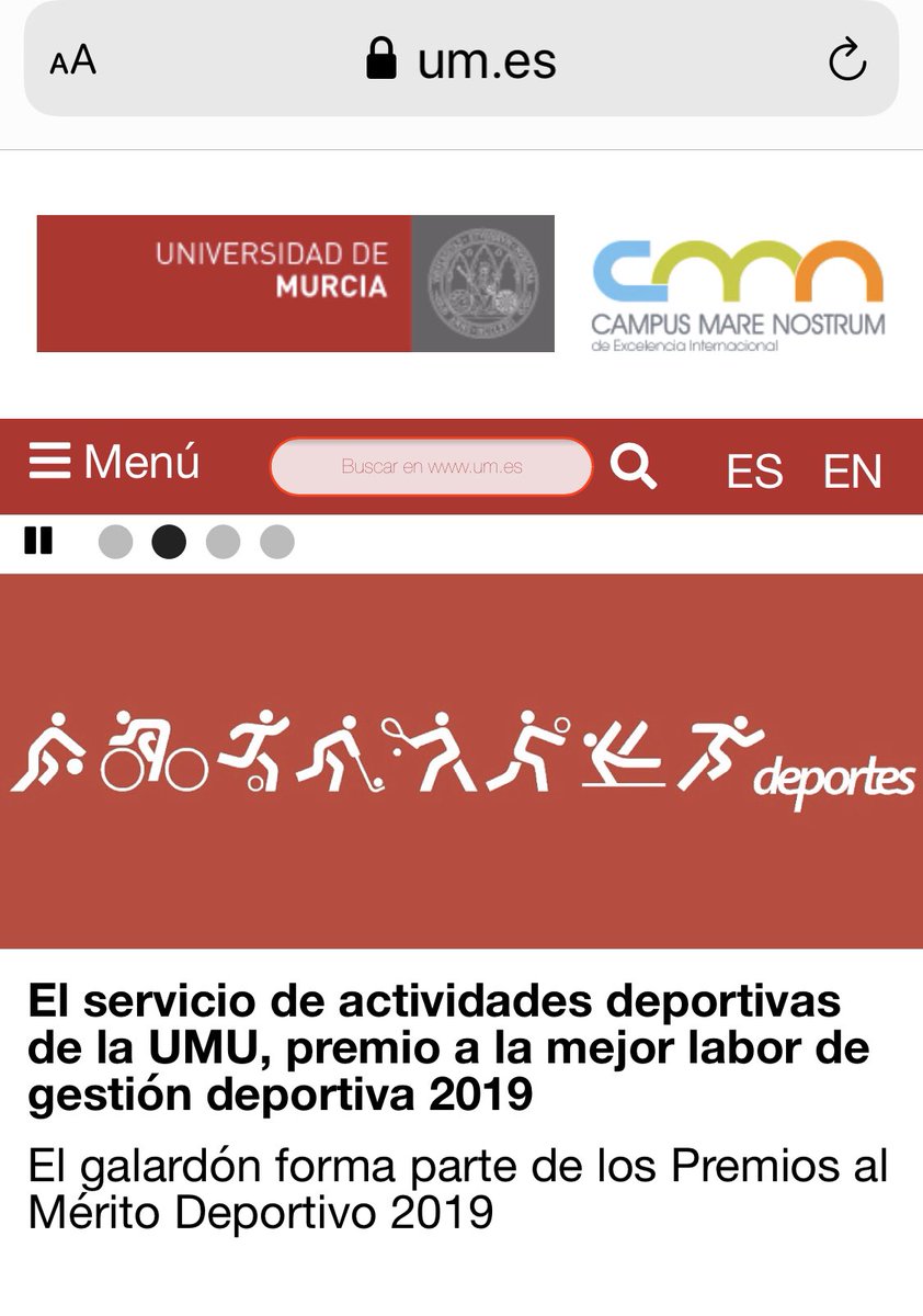 Hoy somos portada en la <a href="/UMU/">Universidad Murcia</a>. 
✅ Servicio de Deportes ⚽️🏀🤼‍♂️🤾🏼‍♀️⛹🏼‍♂️🏋️‍♂️🎾🏉🤸‍♀️🤾🏻‍♂️🧘🏻‍♂️🏊🏻‍♂️🤺
✅ Premio mérito deportivo <a href="/regiondemurcia/">Gobierno de la Región de Murcia</a> 
🏅Mejor labor de Gestión 2019
👏🙌🏻👏🙌🏻👏🙌🏻👏🙌🏻👏🙌🏻👏