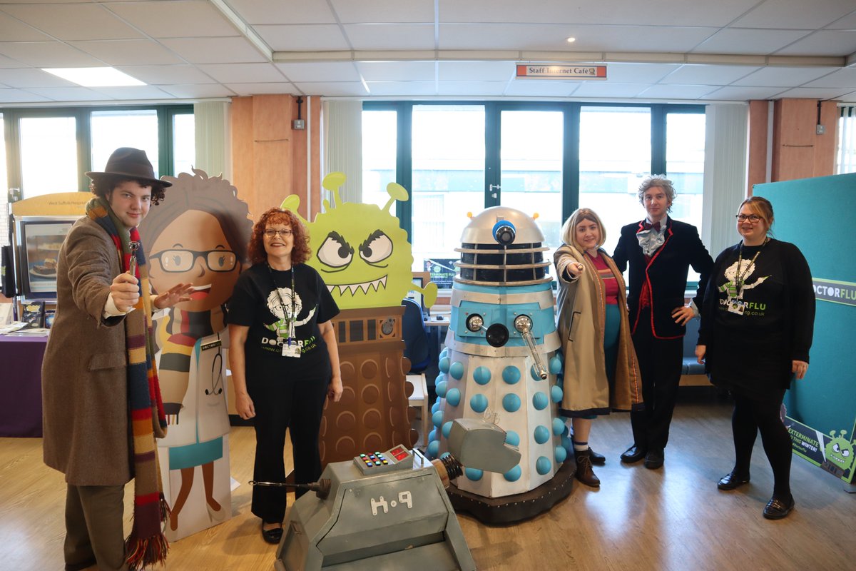 WestSuffolkNHS's tweet photo. Doctor Who meets Doctor Flu! 👇
Today we're encouraging our staff to come and get their flu jab.
Staff, pop up to Time Out and grab a post-jab selfie with a Dalek, K-9 and the Doctor - tag us in for a chance to win a prize! 🎁
#DoctorFlu #FluFighters https://t.co/bGtyu2lZEL