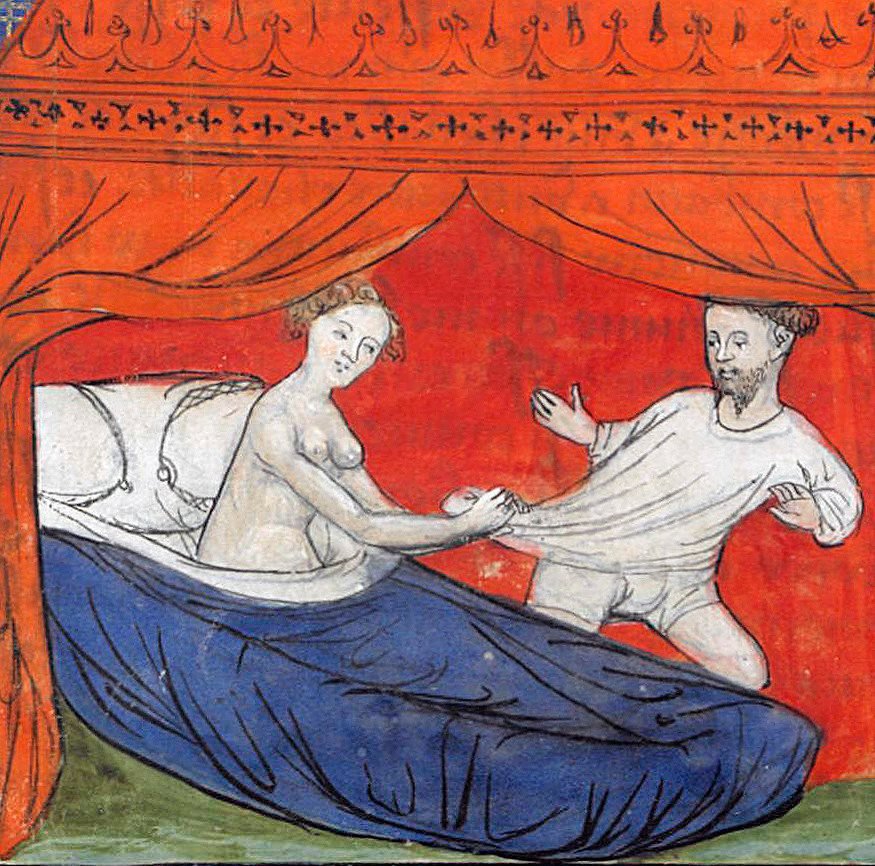 Ok, so if you're having sex with your spouse, what are the rules?Well, do it in the dark. With as many clothes on as possible. Theodore insists that a husband should never see his wife naked (unclear if she can see him naked). (Paris, Bibliothèque de l'Arsenal 3480, f. 33)