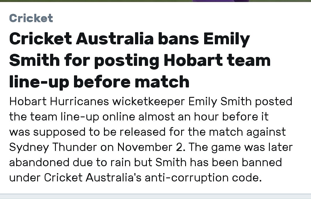 Emily Smith banned for 12months under Cricket Australia'santi-corruption code#cricketmatch #cricketaustralia #indiancricket #cricketlover #cricketer #stevesmith #davidwarner #bancroft #banned #emilysmith #bbl #horbathurricane
