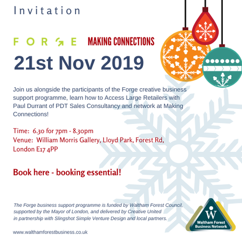 WFWIB's tweet photo. Looking forward to some Christmas networking &amp; great tips on how to 'Access Large Retailers' at our #ForgeCreative #MakingConnections event with @CreativeUtdUK this Thu Nov 21st at @WMGallery with speaker @pauldurrant12 &amp; drinks by @EastLondonBrew https://t.co/je1wMgUaYS https://t.co/MFS0f9mOOv