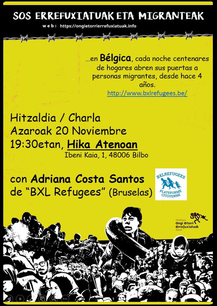 oeebizkaia's tweet photo. ¡Mañana!. Nos visita Adriana Costas de @BXLRefugees para hablarnos de su trabajo en favor de las personas refugiadas de Bélgica.

📆Miércoles 20 de noviembre.
🕥19:30
🚩@hikaateneo 

¡No faltes! https://t.co/YZsy7ykI57