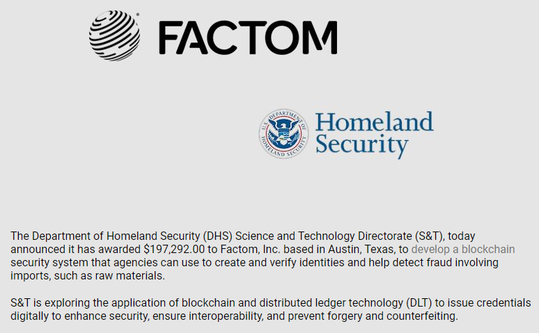 BitTrade_jp's tweet image. ◆DHS、Factom社に197,292ドルを交付◆
Cryptoninjasによると、米国国土安全保障省（DHS）は本日、ブロックチェーンセキュリティシステム開発のため、ブロックチェーン企業のFactom社に197,292ドルを交付した。機関は同システムを使って、原材料などの輸入に不正行為の検出することができる。#Factom
