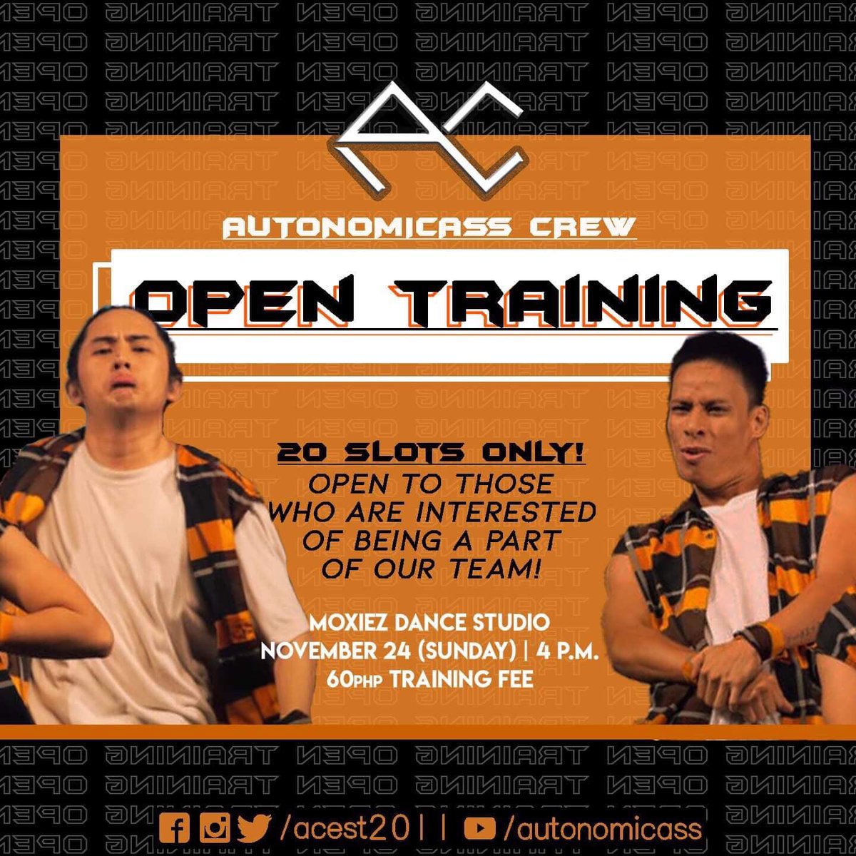 ACest2011's tweet photo. We heard your requests, so we’re giving it to you!

Join our OPEN TRAINING on November 24 (Sunday), 4pm at Moxiez Dance Studio!

Only 20 slots are up for grabs! So don’t forget to come in your most comfortable training clothes and train hard to become one of us! 

See you there! https://t.co/aPQIgnivfr