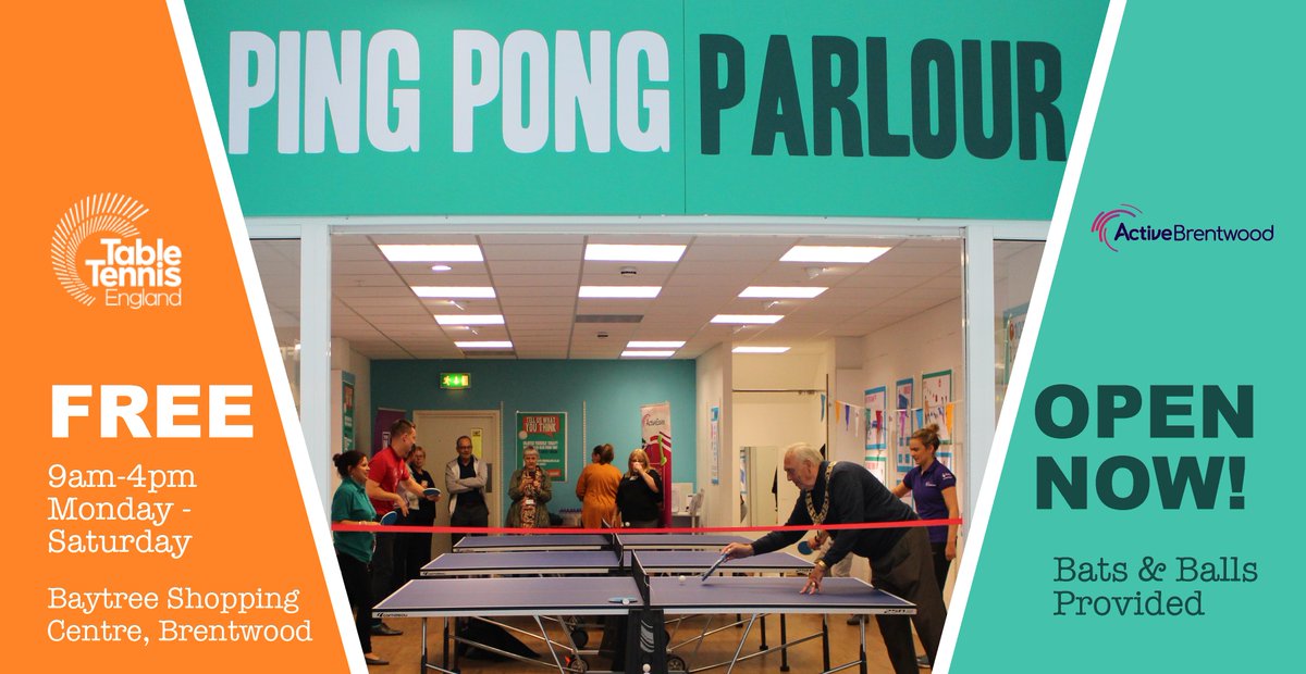 ActiveEssex's tweet photo. Did you know you have a Ping Pong Parlour in The Baytree Shopping Centre in #Brentwood? Open 9am - 4pm Monday - Saturday, so go and join in the fun...for FREE!

@ActiveBrentwood @Brentwood_BC https://t.co/yuO8xgoswL