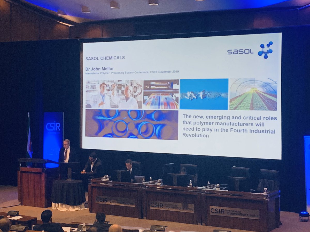 PFMsomi's tweet photo. Dr John Mellor from @SasolSA with the topic
âThe new, emerging & critical roles that polymer manufacturers will need to play in the era of the 4IRâ at the #PPS2019 @CSIR Europe-Africa polymer processing society. https://t.co/Pjc03LLI43
