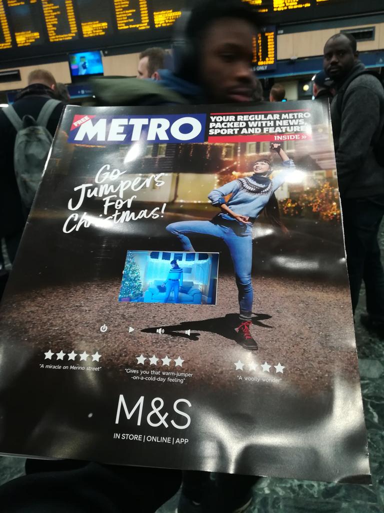 Robertantonaci's tweet image. Do we really need this crazy waste of natural resources at a time of #ClimateCrisis? #MarkandSpencer's new marketing campaign "Go Jumpers for Christmas" includes a video embedded in Metro newspaper. Shocked by the waste that it will create in just 1 day! 😫 #ClimateActionNow