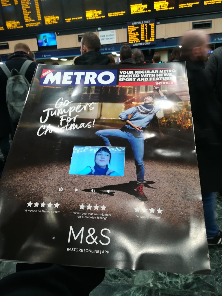 Robertantonaci's tweet image. Do we really need this crazy waste of natural resources at a time of #ClimateCrisis? #MarkandSpencer's new marketing campaign "Go Jumpers for Christmas" includes a video embedded in Metro newspaper. Shocked by the waste that it will create in just 1 day! 😫 #ClimateActionNow