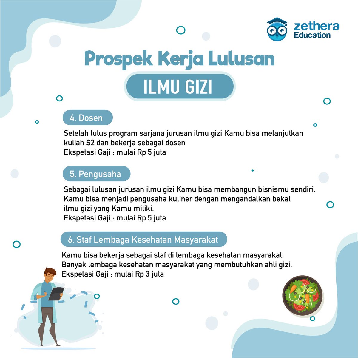 ZetheraEdu's tweet photo. Prospek kerja dan ekspetasi gaji lulusan Ilmu Gizi, simak yukkk https://t.co/Iq832B8HmJ