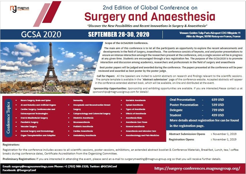 GCSAConf's tweet photo. Magnus Group is pleased to announce initial announcement of "2nd Edition of Global Conference on #Surgery and #Anaesthesia" #GCSA2020 which is going to be held in Paris, France during September 28-30, 2020.
For more info, P.S. https://t.co/F7X3pGv7bE https://t.co/ZjyYKnBjRH