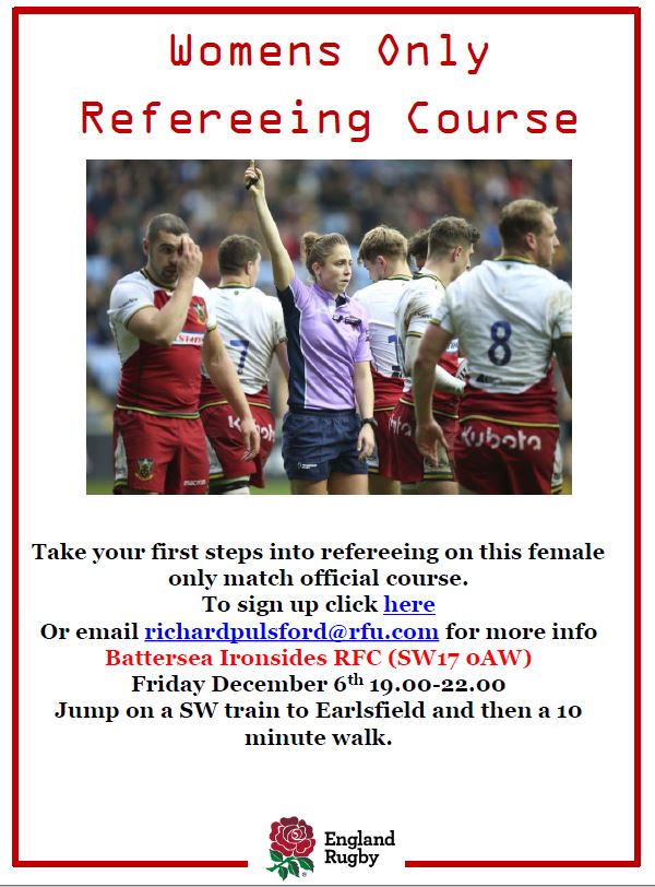 WOMENS ONLY REFEREE COURSE to be held at <a href="/IronsidesRugAll/">Ironsides Rugby</a> on Friday, December 6th at 19:00 - 22:00 

Head to gms.rfu.com/GMS/coursefind… to register or contact Rich Pulsford for more information richardpulsford@rfu.com