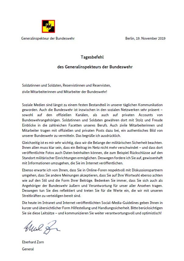 Bundeswehr Passend Zum Neuen Auftritt Auf Twitter Meldet Sich Der Generalinspekteur Der Bundeswehr Bundeswehrgi Mit Einem esbefehl Zu Den Neuen Social Media Guidelines Handlungssicherheit Fur Unsere Soldaten Und Zivilen