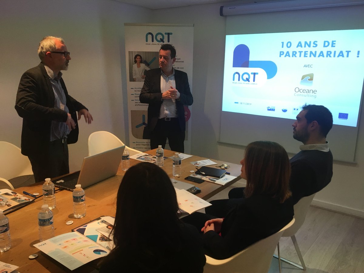 OceaneConsultng's tweet photo. Atelier de sensibilisation aux actions solidaires de @NQTasso en faveur de l’égalité vers l’#emploi dans les locaux du groupe Océane Consulting.➡️Merci à notre partenaire #NQT et à Julien Garnier pour l’animation de cette session sur le rôle du mentor pour les jeunes diplômés 👍 https://t.co/mPNk9SQHeZ
