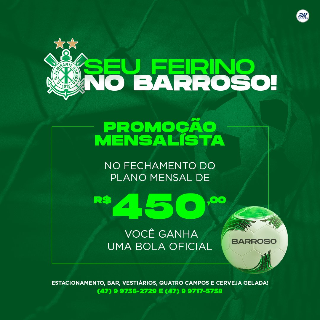 Tem promoção para o mensalista no Feirino do Almirante Barroso! 🙌🏼⚽

Chame seus amigos e venha jogar no Clube Mais Querido de Itajaí. No fechamento do plano mensal de R$ 450,00, você ganha uma bola oficial!

#AvanteAlmirante #AlmiranteBarroso #FeirinoNoBarroso