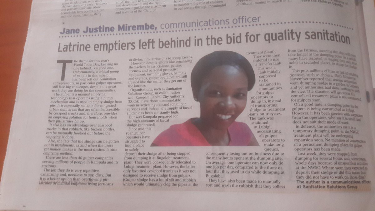 SaniSolGroup's tweet photo. In today's New vision, our Communications Officer, Ms Jane Justine Mirembe speaks about the challenges gulper entrepreneurs are facing managing the city's fecal sludge #WorldToiletDay2019 #LeavingNoOneBehind #SanitationForAll #SanitationNews https://t.co/ShRGBDF9im