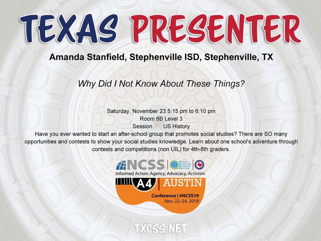 TxSocialStudies's tweet photo. 📣 Shout out to TXCSS PRESENTERS taking the stage at #NCSS19 in ATX!
👀 Keep an eye out for #TXCSSSWAG throughout the conference! 
#TXCSS19 https://t.co/Px4HO7Xw7x