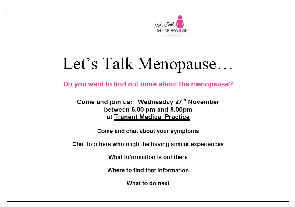 Tranent Medical (@tranentpractice) on Twitter photo We are holding an information session at the practice on the evening of Wednesday 27 November between 18:00 & 20:00 for people who want to find out more about the female menopause. There's no need to make an appointment, just come along if you'd like to find out more. We are holding an information session at the practice on the evening of Wednesday 27 November between 18:00 & 20:00 for people who want to find out more about the female menopause. There's no need to make an appointment, just come along if you'd like to find out more.