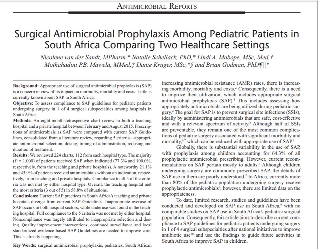 Surgical Antimicrobial Prophylaxis Among Pediatric Patients in South Africa Comparing Two Healthcare Settings

fidssa.co.za/Content/Docume…

@idpharmd @IDSAInfo @IDHubFSG @fidssa1 @ABpreservation @SouthAfricanASP @DrDianeAshiru @JAMASurgery