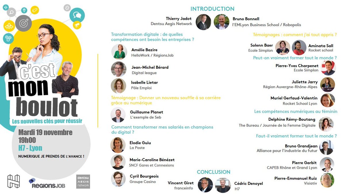 L'événement "C'est mon boulot" par <a href="/franceinfo/">franceinfo</a>, c'est ce soir à H7 !
Transformation digitale, compétences numériques, formations, inclusion ... Découvrez les intervenants et les sujets discutés juste ici ⬇️ 
→🕦19h00 / 📍70 quai Perrache, Lyon 2e
#h7lyon #cestmonboulot