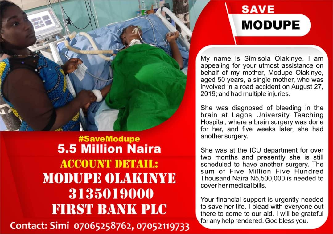 Tomisin948's tweet image. That is Simisola, we graduated from the same university few years ago. Her mother had an accident and needs to undergo some surgical operations. She needs our help. 1K is not too small. A RT will also go a long way. Thank you