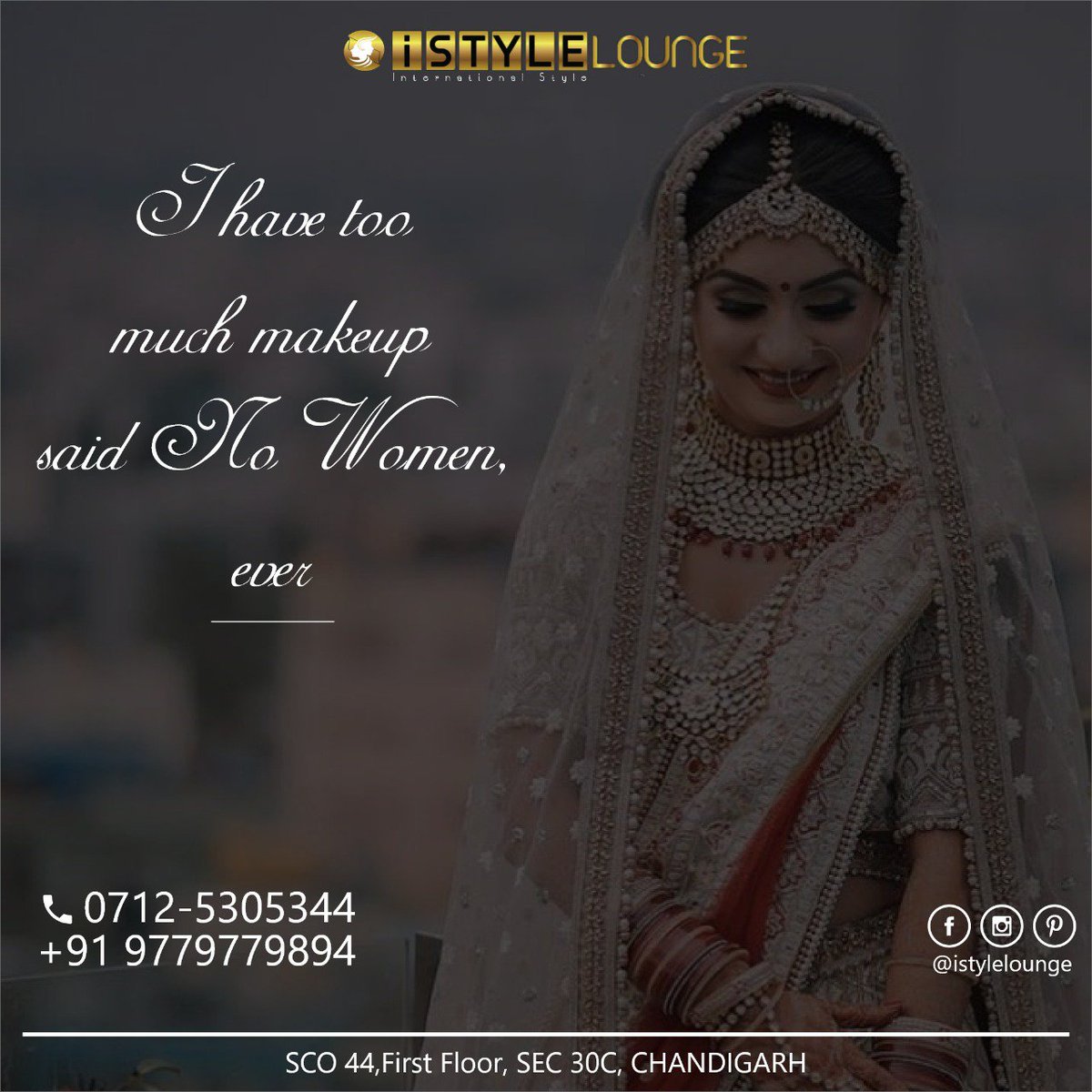 iStyleLounge30c's tweet photo. [3:08 pm, 19/11/2019] Go Online Web Solutions: I HAVE TOO MUCH MAKEUP 

SAID NO WOMAN, EVER.

Book📕 your appointment now. Call us📞 at 01725305344
SCO - 44, First Floor, Sector 30C, Chandigarh

#weddingmakeup👰 #makeupartist💄 #makeup💄 #wedding 👰#bridalmakeup #bride. https://t.co/LUnsON3ZQb
