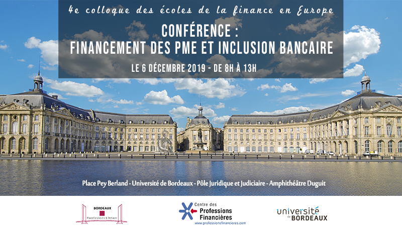 🔎 Découvrez le programme du colloque régional de <a href="/Bordeaux/">Bordeaux</a> en ligne : bit.ly/2CSXHc5 
💼 Cette année nous parlerons du financement des #PME et de l’#inclusion Bancaire !
<a href="/bpft33/">bpft</a> <a href="/Centre_Prof_Fin/">Centre des Professions Financières</a> <a href="/univbordeaux/">Université de Bordeaux</a>
