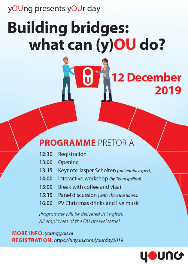 We are happy to invite all OU employees to our yOUrday 2019, December 12th! In the upcoming weeks we will provide more information about the different parts of our programme. Stay tuned and register via tinyurl.com/yourday2019🌟
#youngprofessionals #yOUrday2019 #buildingbridges