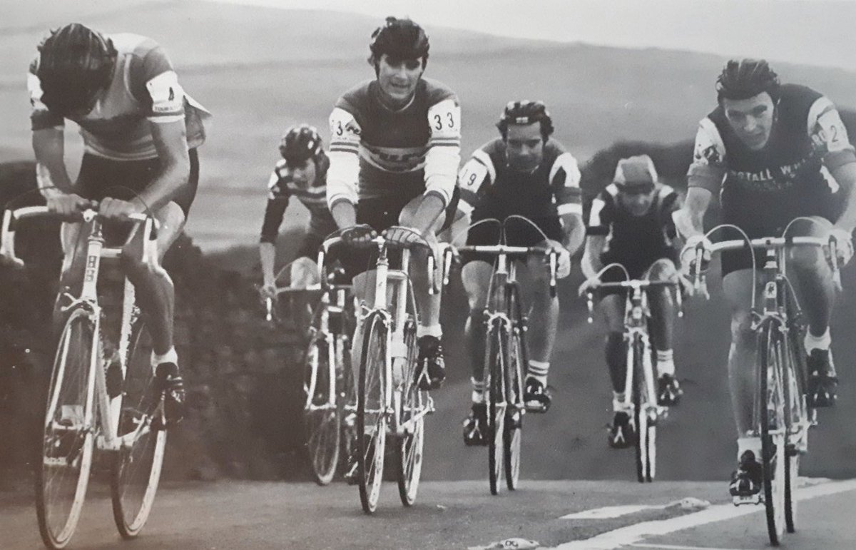 Ian Binder, Roger Dunne, Don Awcock and Bob Chadwick climb Chunal Head at the Tour of the Peak 1980.