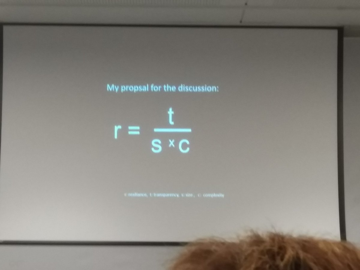 nickdeswaef's tweet photo. r = resilience of a system; t = transparancy; s =size; c = complexity #EHFCN #WolfganWodarg https://t.co/WypOQrijAV