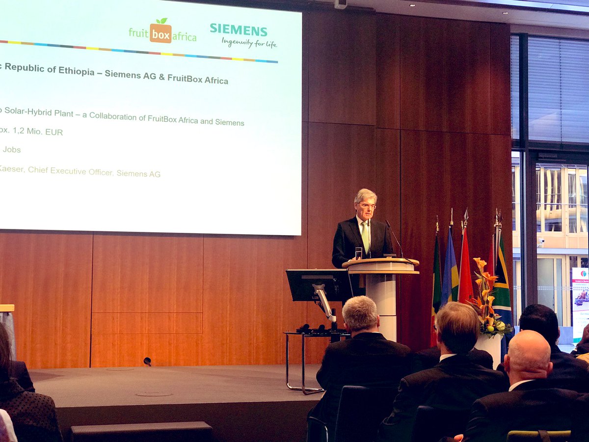 Today #Siemens CEO <a href="/JoeKaeser/">Joe Kaeser</a> holds in the presence of Chancellor Angela Merkel a opening speech and presented an exciting solar-hybrid plant project - a collaboration between #FruitBox &amp; <a href="/SiemensAfrica/">Siemens in Africa</a> - in Ethiopia at #G20InvestmentSummit #CompactwithAfrica. /ya