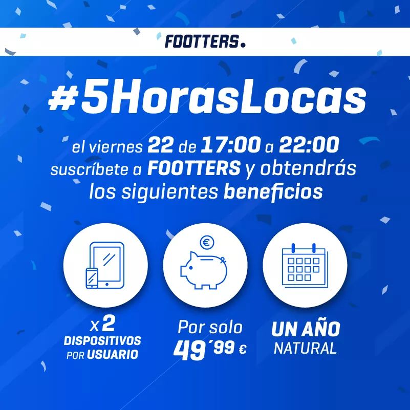 El viernes 22, entre las 17:00 y las 22:00, los que quieran podrán contratar Footters, durante un año natural y podrán verlo en dos dispositivos por un pago único de 49'99€.  

web.footters.com/landing-promo5…