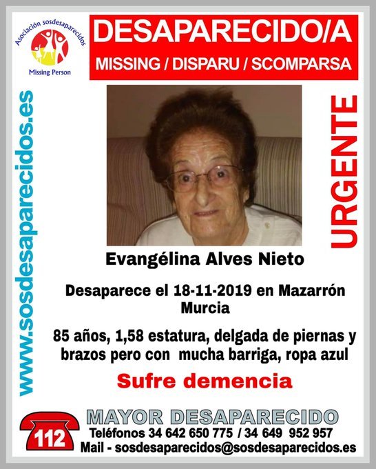 🔴#MuyUrgente🆘
Evangelina es una #mayor que padece demencia y ha #desaparecido en Mazarrón #Murcia
Si la ves
📞062
📞112
Tu RT no cuesta nada y es muy importante