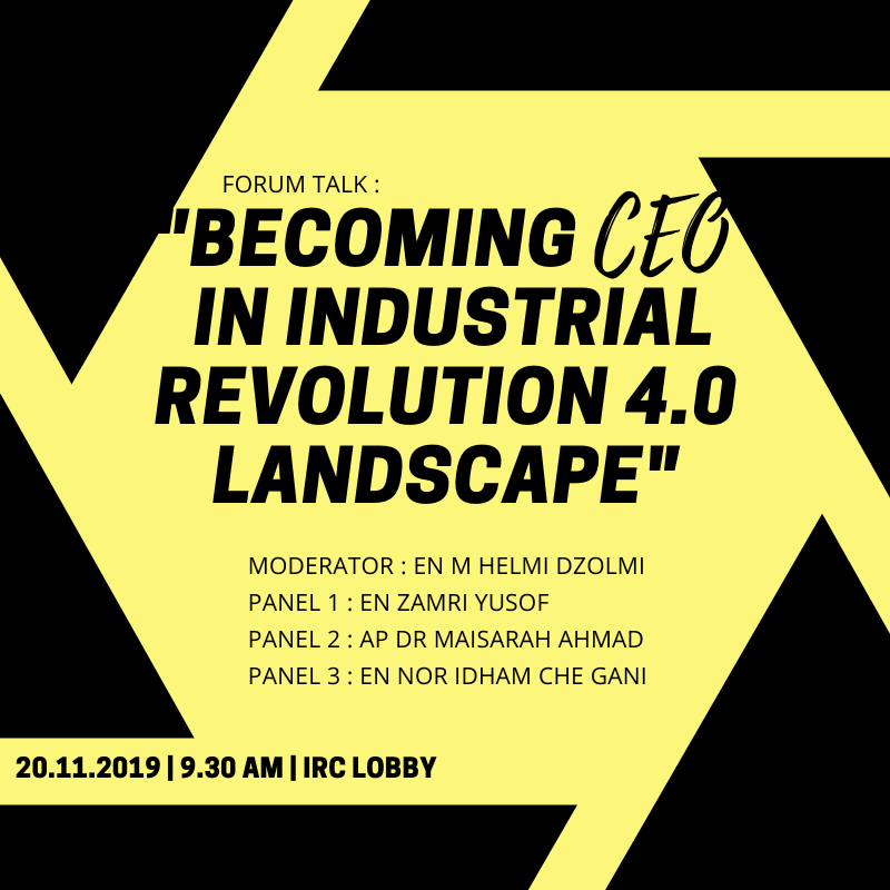 IRCUTP's tweet photo. "Becoming CEO in Industrial Revolutions 4.0 Landscape"
Come & join us tomorrow!!
π 20 November 2019
β° 9.30 am
π IRC Lobby
Doorgift for early bird.
#JOMIRC #LetsgotoIRC #ircutp #utpirc #UTPinME https://t.co/1XQkdsCDuu