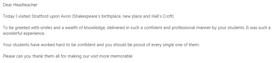 <a href="/AndertonPark/">AndertonParkPrimary</a> Such wonderful feedback from last week's trip to Stratford-Upon-Avon with our Year 6 children guiding members of the public around Shakespeare's houses. <a href="/ShakespeareBT/">Shakespeare B Trust</a> #proudteacher #fabulouschildren