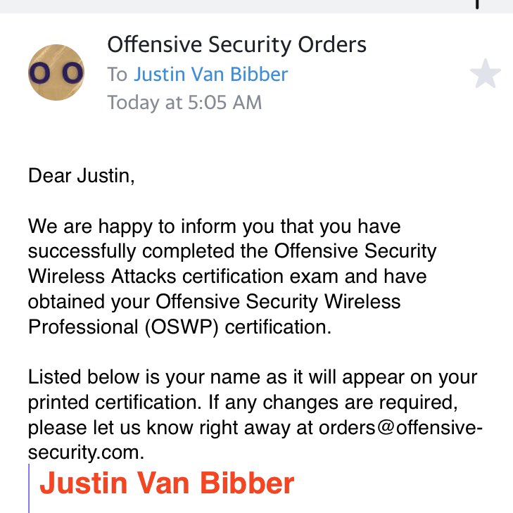 JustinVanBibber's tweet image. Last one for the year, I swear... @offsectraining #OSWP #CyberSecurity #infosec #informationsecurity
