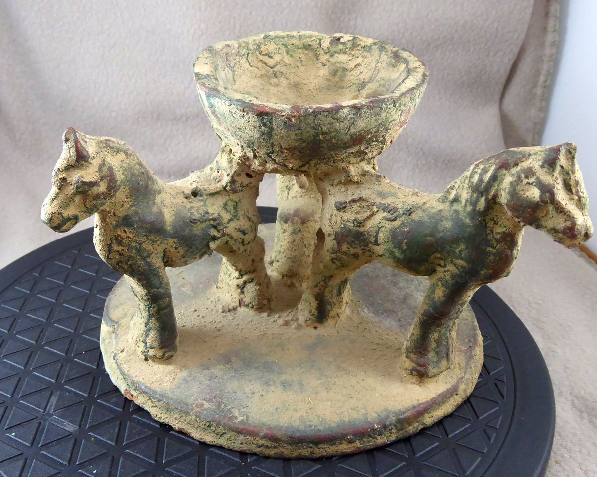 penllyncolls's tweet photo. Candle holder? Incense burner?  And where from? Aged terracotta 3 horse naive figures with central bowl. https://t.co/YLXLWK9G7D