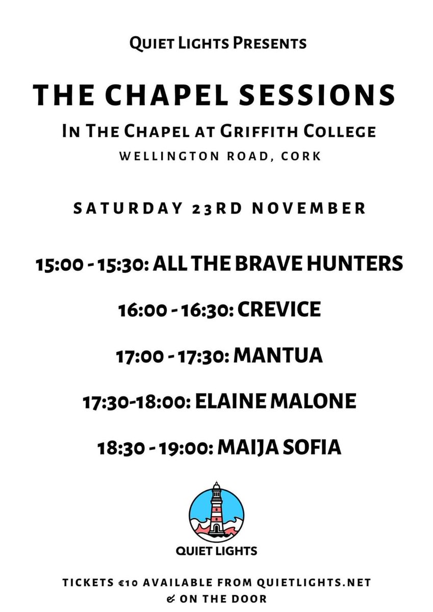 This Saturday. A combination of folk music, experimental sound art & pure originality. The Chapel Sessions. With @TheBraveHunters, @creviceband, MANTUA, @elai_malo & @maija_sofia. Tickets: uticket.ie/event/quiet-li… Doors open at 2:30pm!