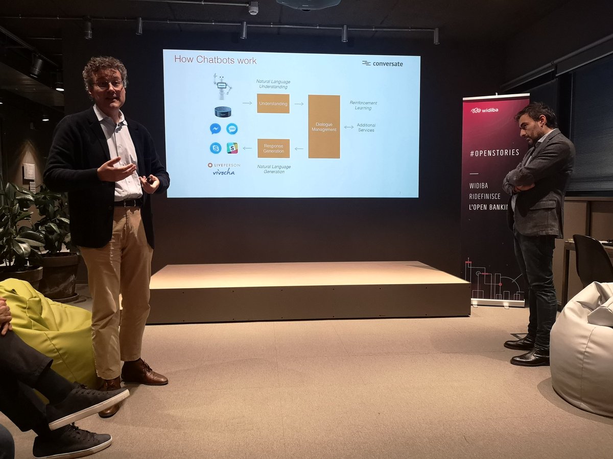 «La prima cosa che fa un chatbot è capire. Poi gestisce il dialogo attraverso la ricerca tramite degli algoritmi. Successivamente il chatbot risponde usando dei template. La cosa più importante è la manutenzione» - <a href="/alevitale/">Alessandro Vitale</a>, <a href="/conversate_eu/">conversate</a>

#Widiba #OpenStories #branded