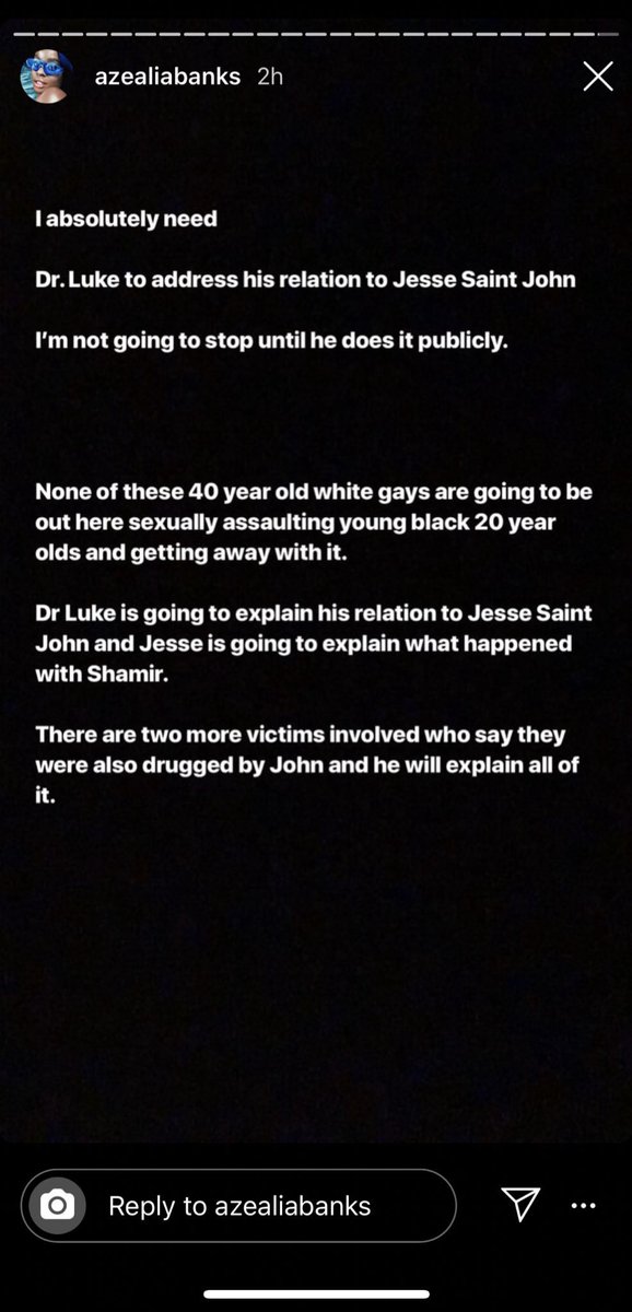 Azealia Banks, who has been critical of both Kesha and Luke has now additionally alleged that Dr. Luke/Kim Petras collaborator Jesse Saint John has drugged and r*ped musicians, to both Luke and Kim’s knowledge, despite both of them claiming to “support sexual abuse survivors.”