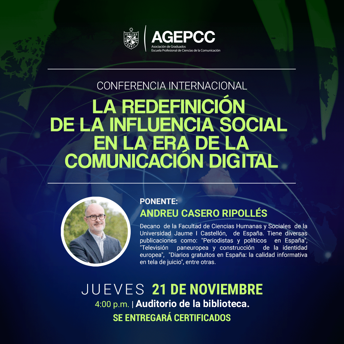 ¿Cómo actúa la influencia social en la era de la comunicación digital? Descúbrelo en la conferencia internacional a cargo de Andreu Casero Ripollés, decano de la Universitat Jaume I. Inscríbete: agepcc@usmp.pe