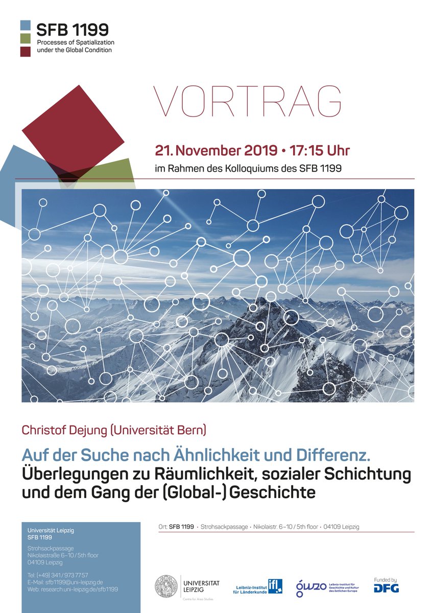 histunibern's tweet image. Keynote, Prof. Christof Dejung (Universität Bern)

"Auf der Suche nach Ähnlichkeit und Differenz. Überlegungen zu Räumlichkeit, sozialer Schichtung und dem Gang der (Global-)Geschichte"

Donnerstag, 21. November 2019, Universität Leipzig