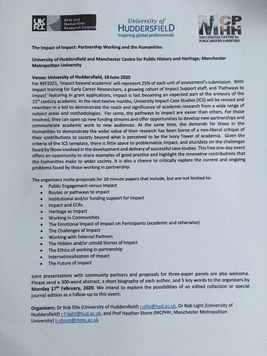 Rob Ellis (@re_histories) on Twitter photo After being involved in two (count em!) Impact Case Studies, thought this might be a good idea. Pleased to be able to collaborate with @HistorianCrime. Will be of interest to <a href="/mhmhudds/">Music, Humanities and Media at Huddersfield</a> and @mcphh_mmu but please RT widely. After being involved in two (count em!) Impact Case Studies, thought this might be a good idea. Pleased to be able to collaborate with @HistorianCrime. Will be of interest to <a href="/mhmhudds/">Music, Humanities and Media at Huddersfield</a> and @mcphh_mmu but please RT widely.